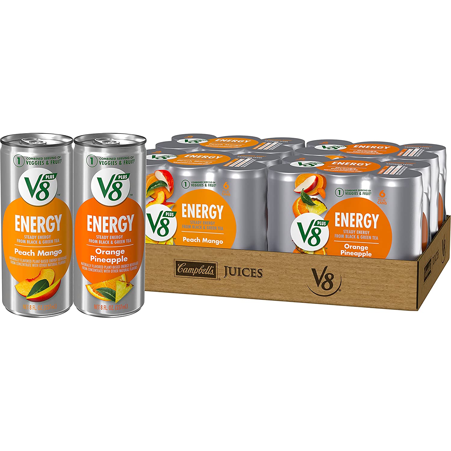 V8 +ENERGY Orange Pineapple Energy Drink, 8 Ounce Can (4 Packs Of 6 Cans) - Image 1
